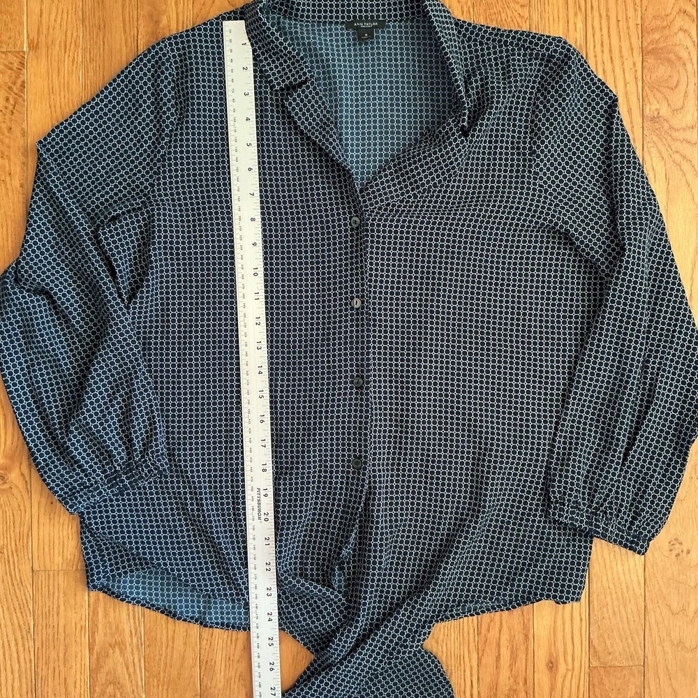 Ann Taylor Black & White Geometric Blouse L Tie Front Button Down 3/4 Sleeve